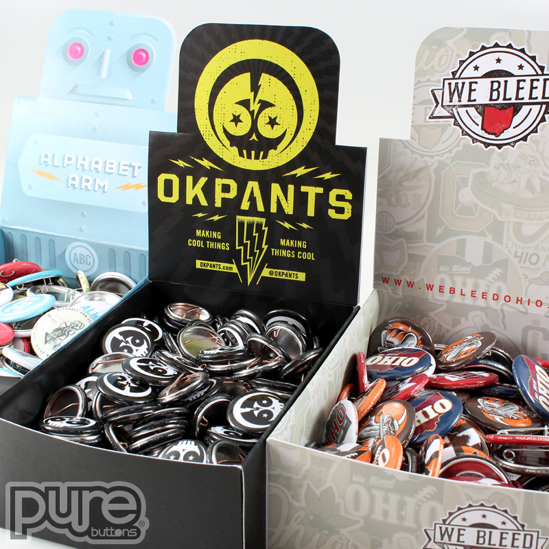 Custom Button Boxes for OKPants Design, Alphabet Arm, and We Bleed Ohio