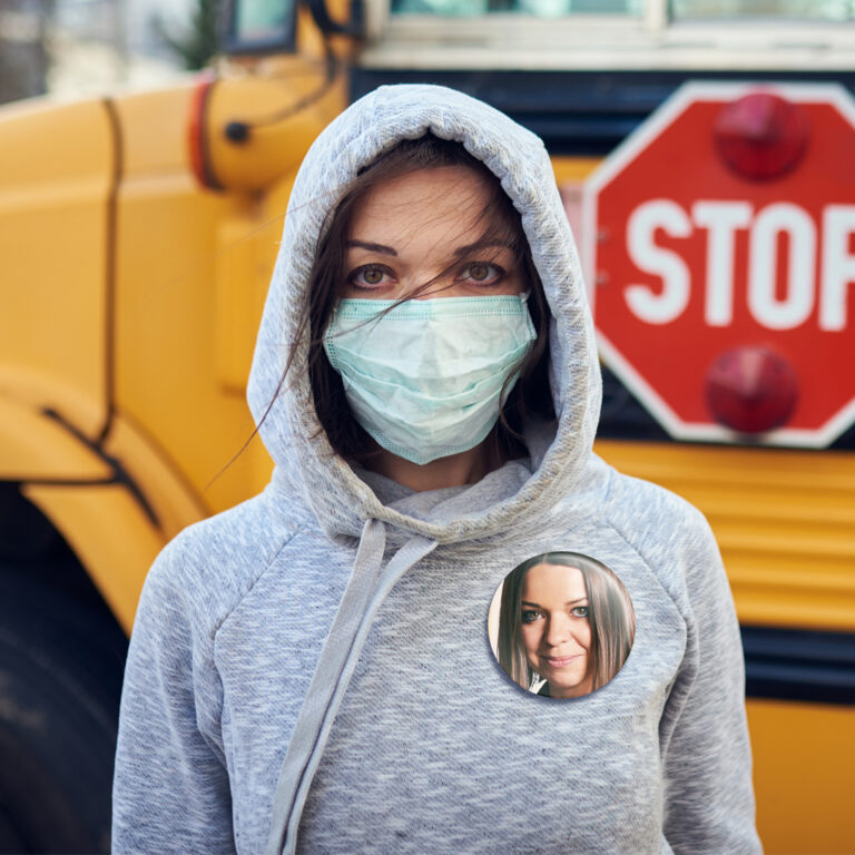 Face Photo Button on a Teacher by School Bus