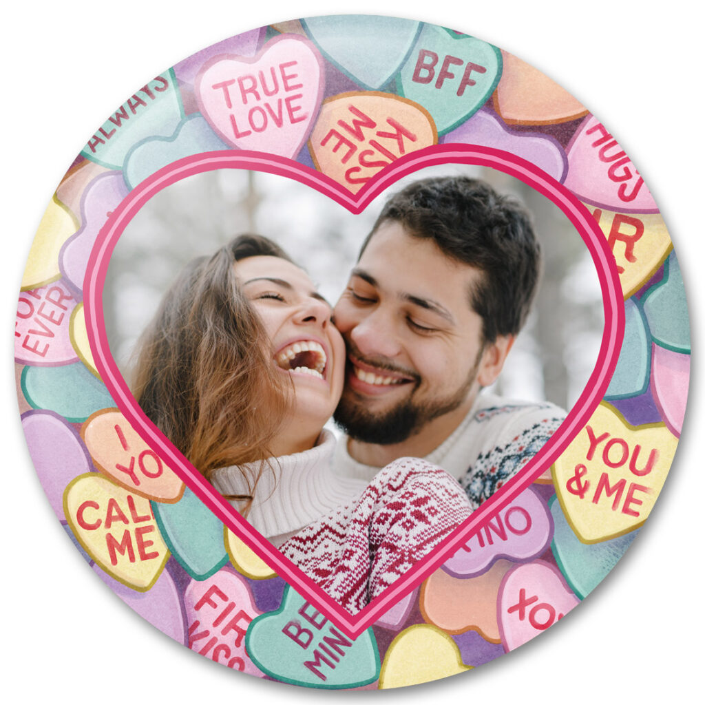 Personalized Valentine's Day gift design featuring conversation hearts