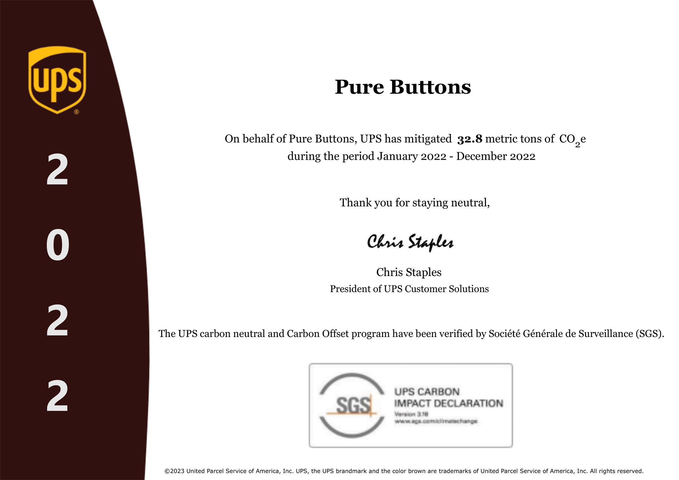 Pure Buttons UPS Carbon Neutral Offset Certificate
