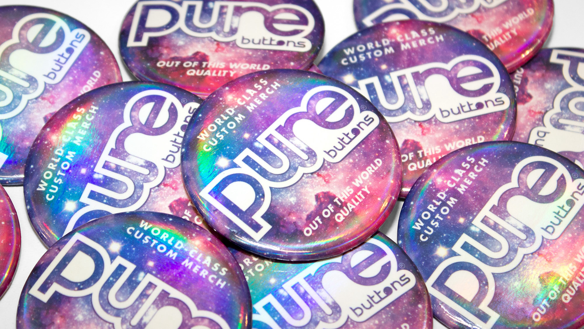 Custom magnets with rainbow gloss finish featuring Pure Buttons logo.