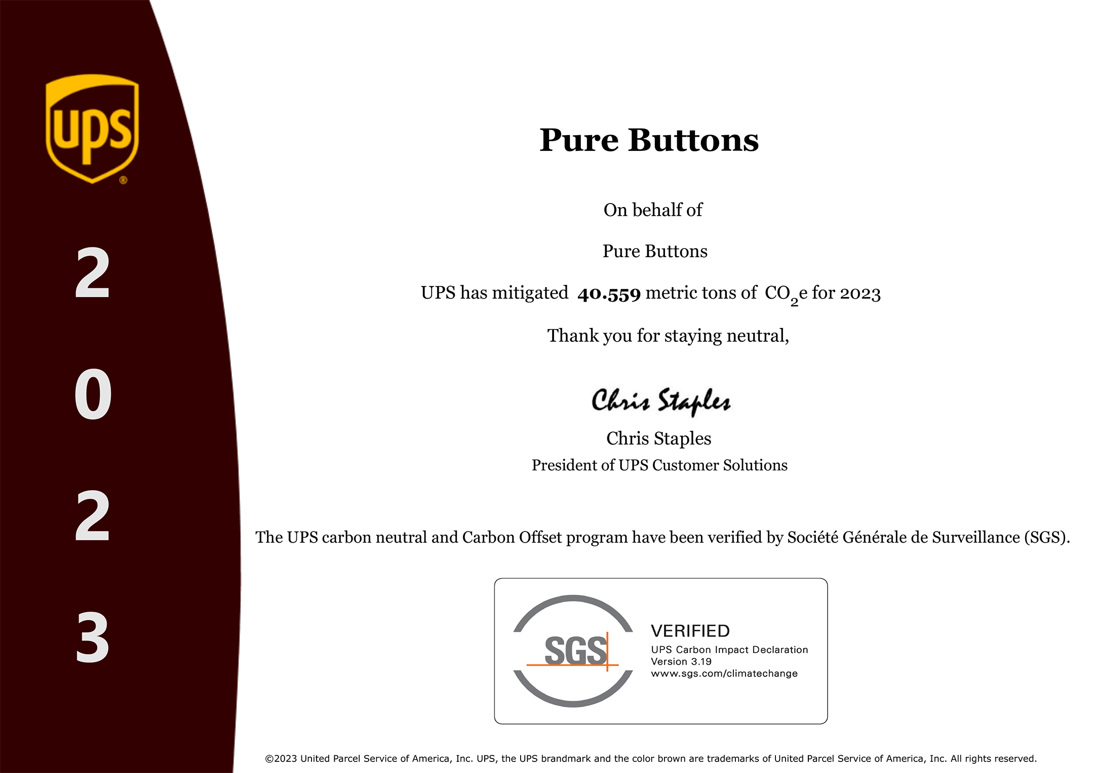 2023 Carbon Offset Certificate | UPS Carbon Neutral