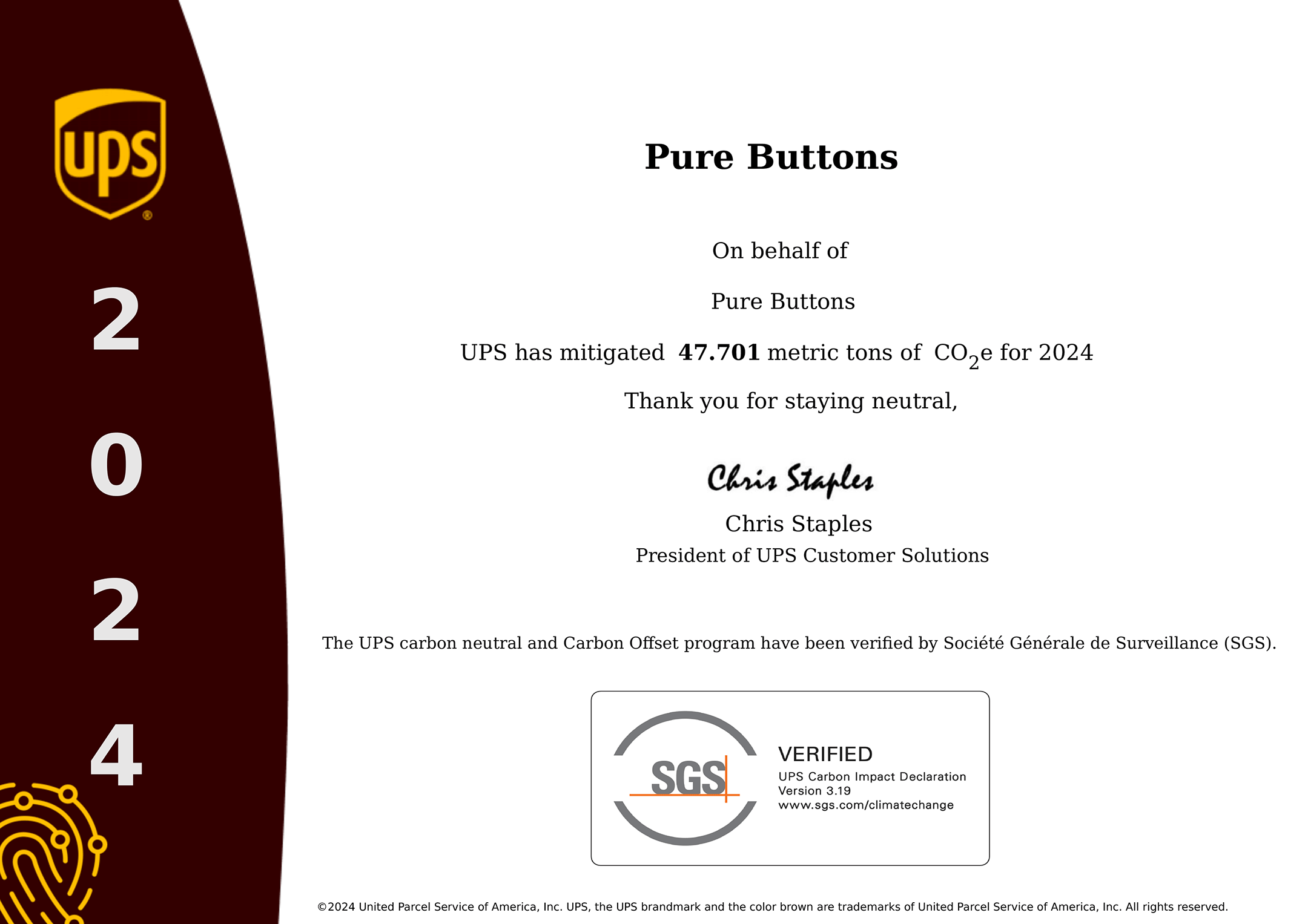 UPS Carbon Neutral 2024 Certificate for PureButtons.com