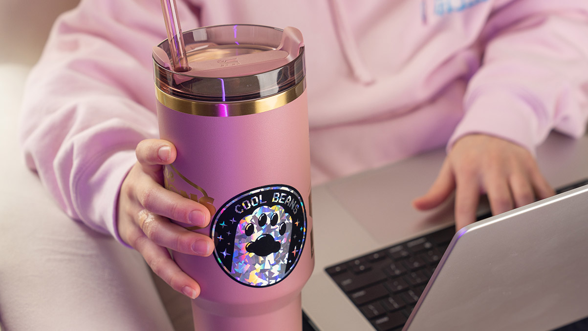 Cracked Ice Holographic Sticker applied to a Stanley tumbler